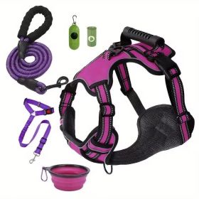 Tactical Service Dog Harness Strap Set, Car Seat Belt, Collapsible Bowl, Biodegradable Trash Bag Set For Dogs (Option: Purple-XS)
