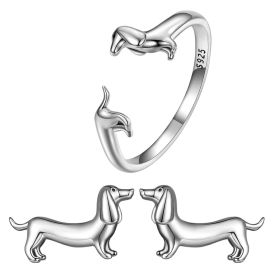 S925 Silver Sausage Dog Ear Stud And Ring Jewelry Set Cute Animal Argent Pur Adjustable Ring (Color: set, Purity: S925)