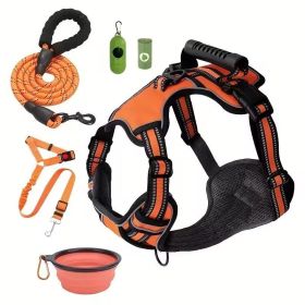 Tactical Service Dog Harness Strap Set, Car Seat Belt, Collapsible Bowl, Biodegradable Trash Bag Set For Dogs (Option: Orange-XS)